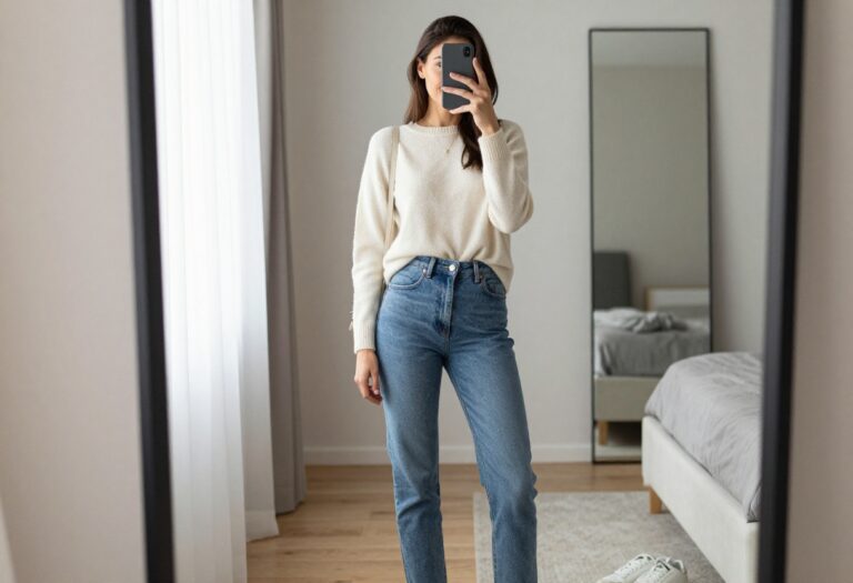 A mom taking a mirror selfie wearing a cream knit sweater, high-waisted jeans, and white sneakers, with a crossbody bag, in a bright, clean room.