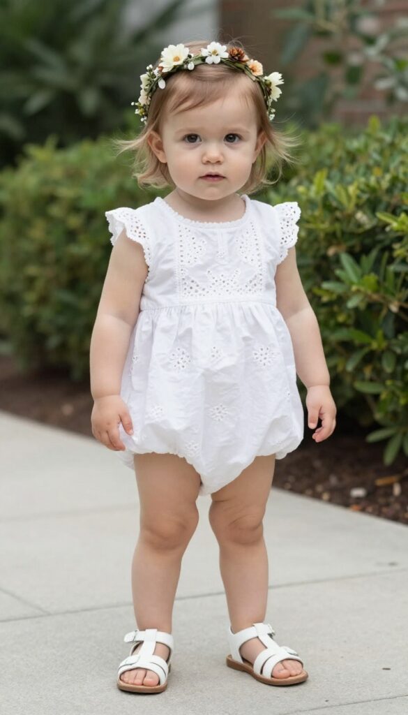 Baby girl in white embroidered eyelet dress with bloomers and floral crown at garden wedding