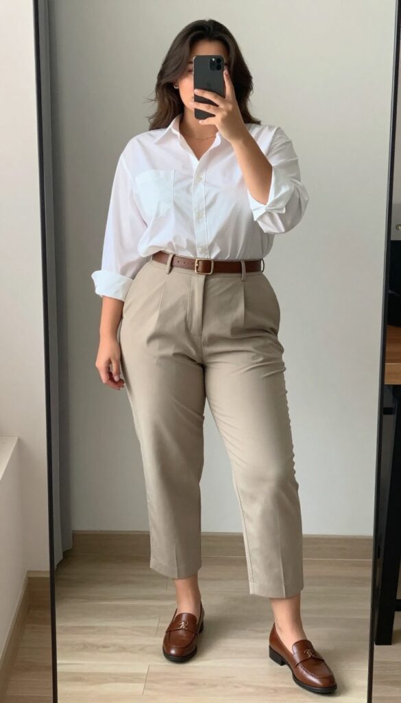 Woman in oversized button-down shirt, cropped pants, and loafers, taking a mirror selfie in bedroom.