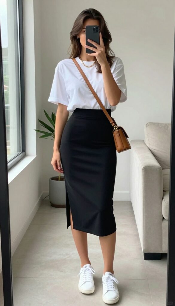 Woman in a white tee and black pencil skirt taking a mirror selfie, hand holding phone partially covering face, sneakers and crossbody bag visible.
