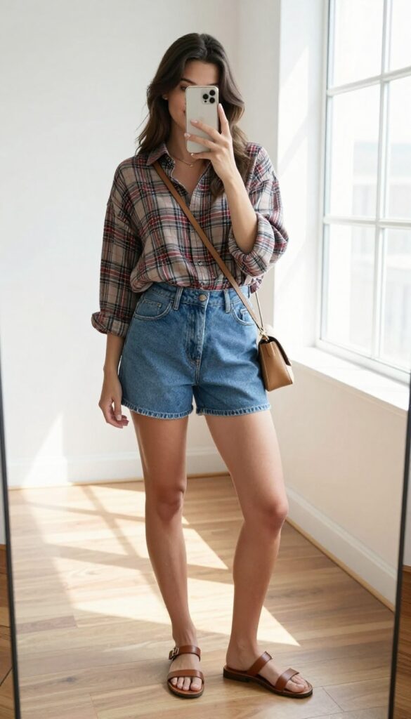 Woman in high-waisted shorts and a partially tucked plaid shirt taking a mirror selfie, with a casual Western vibe.