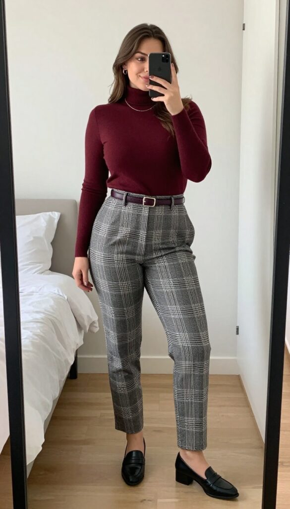 Woman in burgundy turtleneck and plaid trousers, mirror selfie, partially covering face with phone, bedroom setting.