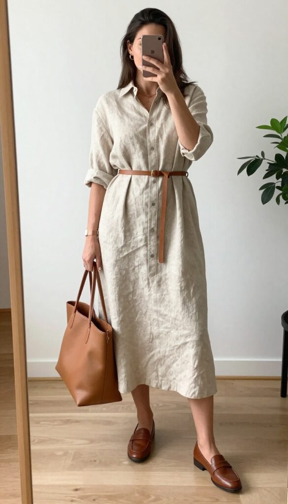 Woman in belted linen shirt dress taking a mirror selfie, wearing loafers and carrying a tote bag.