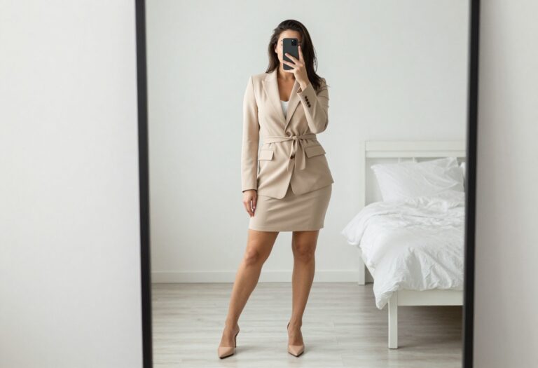 Woman taking mirror selfie in beige blazer dress and nude heels for Shein business casual outfit