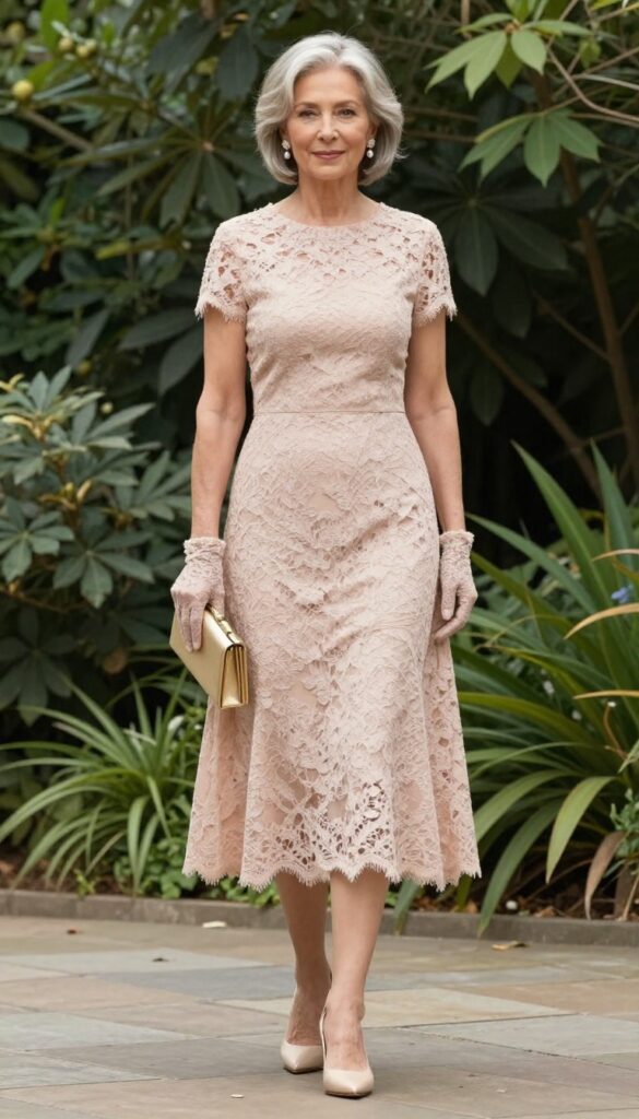 A stylish older woman with short silver hair wears a blush tea-length lace dress and matching wrist-length lace gloves, holding a small gold clutch, standing in a blooming garden.
