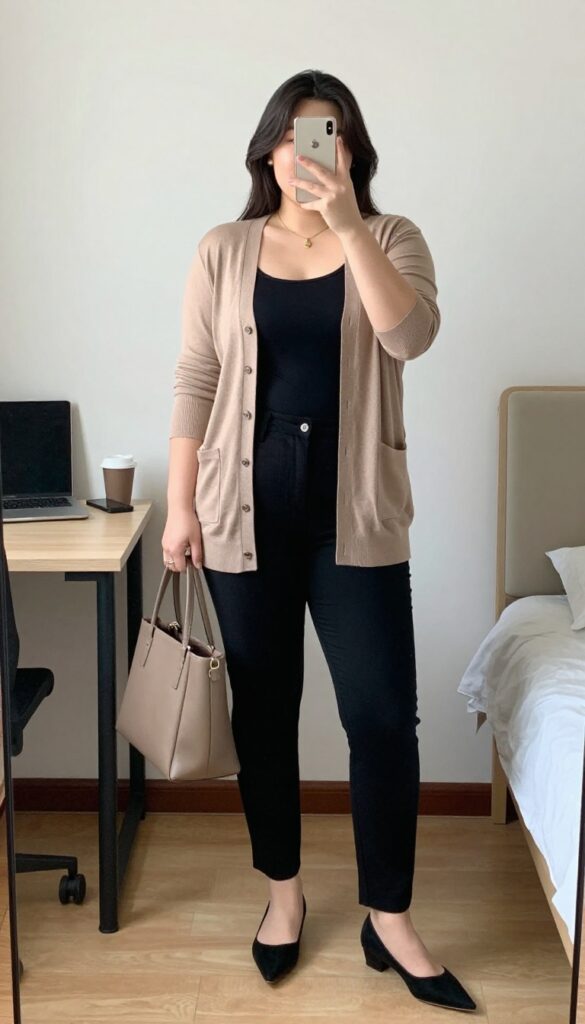 Woman in mocha cardigan and black slacks standing in a bright office, holding a coffee cup, looking confident and relaxed.