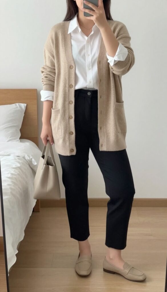 Woman in white button-down, camel cardigan, cropped black pants, loafers, and tote bag