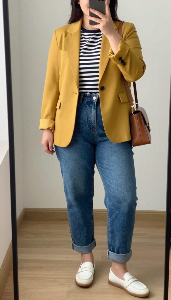 Woman in mustard yellow blazer, striped tee, and rolled denim jeans with loafers, standing in a casual setting.