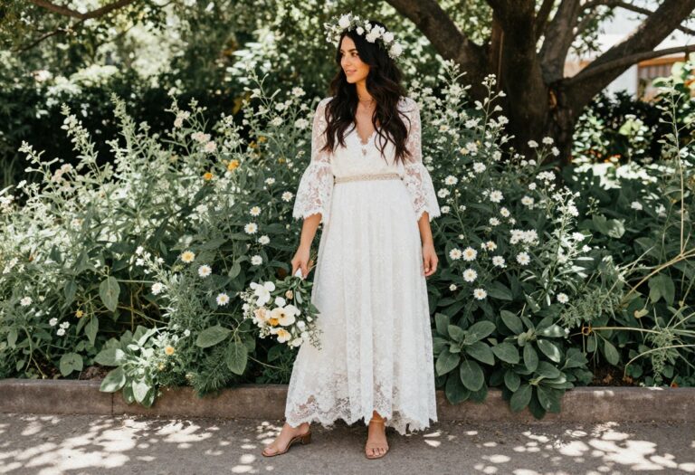 Bride in boho vintage lace bell sleeve wedding dress with flower crown in garden