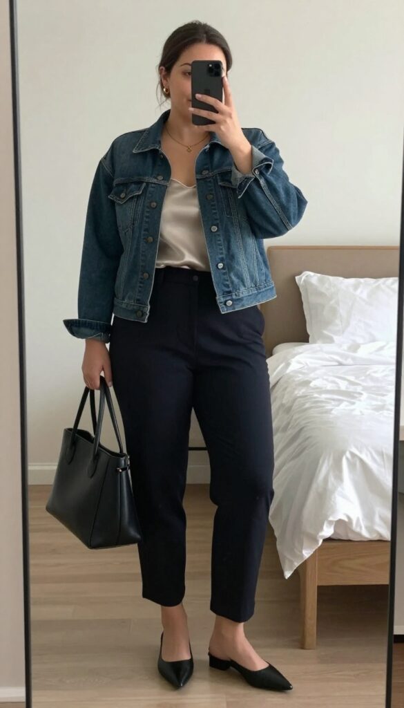 Woman in denim jacket, silk camisole, and tailored trousers, with pointed flats and structured tote bag, looking professional and relaxed.