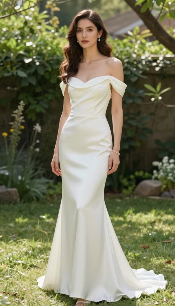 Woman in white satin low-back wedding dress with off-the-shoulder sleeves, pearl studs, and bracelet in a sunlit garden