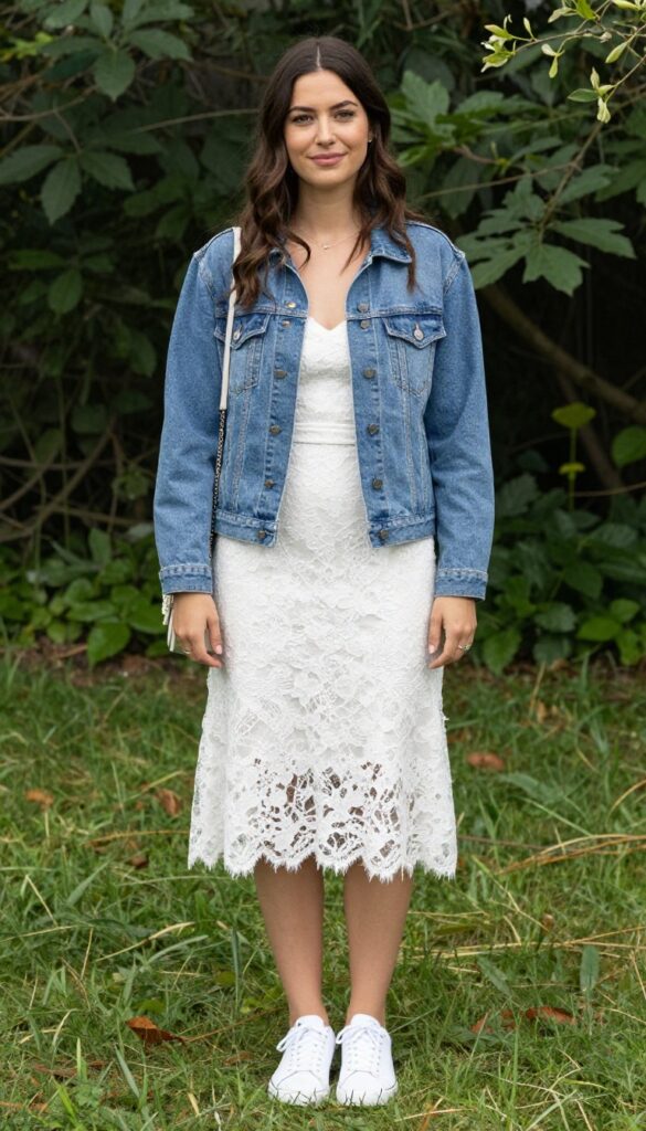 Woman in white lace dress and denim jacket at garden wedding