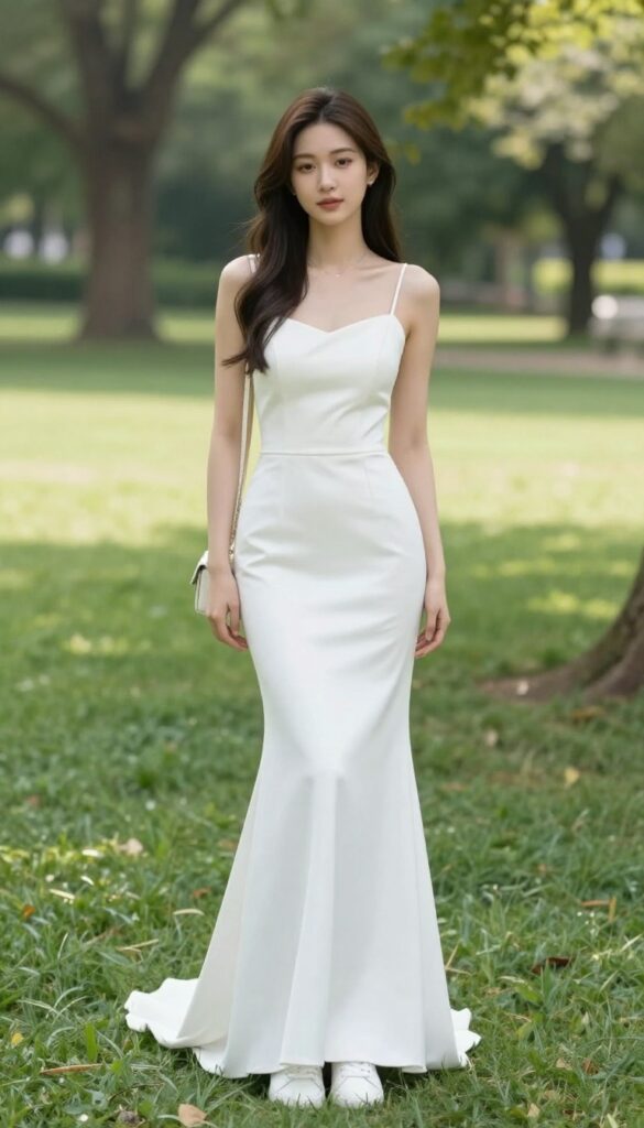 Young woman in white mermaid wedding dress with white sneakers, laughing in sunny park
