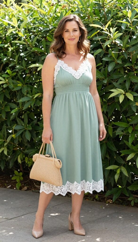Bride in sage green lace-trim slip dress with nude heels and woven clutch in garden