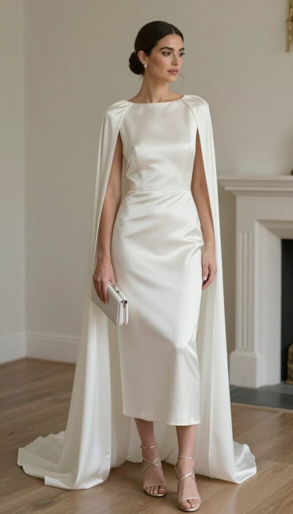 Modern bride in satin sheath wedding dress with detachable cape in minimalist chapel