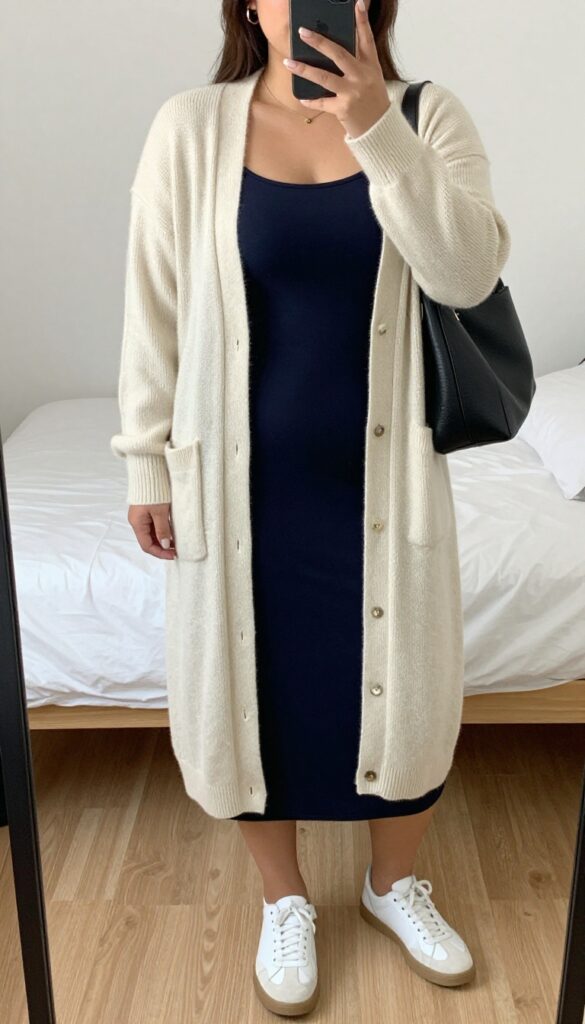 Woman in cream cashmere cardigan over navy slip dress with white sneakers, holding a crossbody bag, in a bright office or street setting.