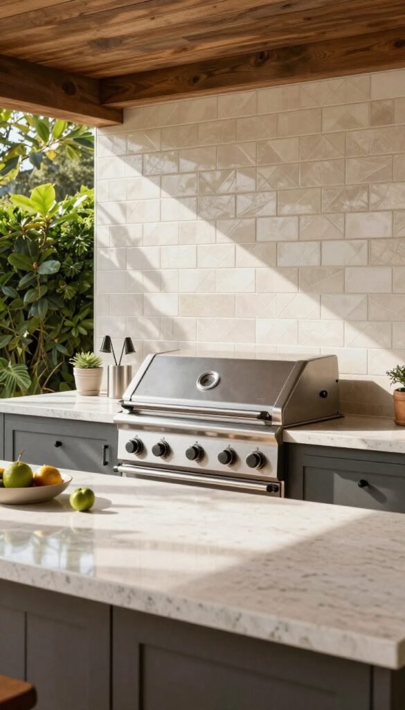 Outdoor kitchen with tiled backsplash and quartz countertop