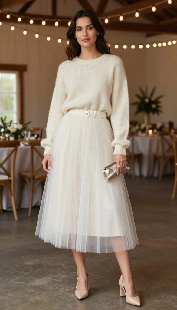Woman in layered tulle skirt and cashmere sweater at barn reception