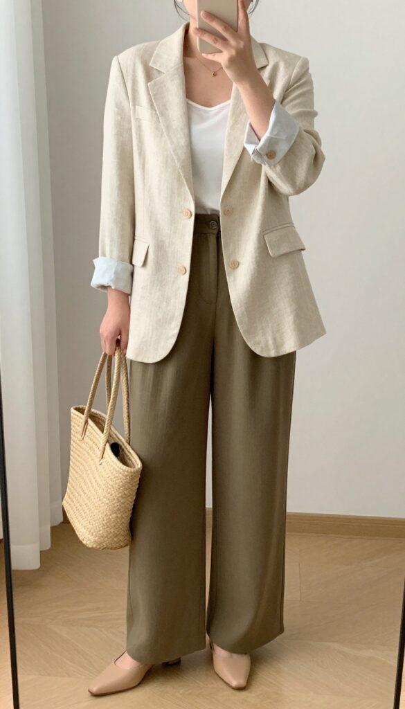 Woman in cream linen blazer and olive wide-leg trousers with nude heels and woven tote