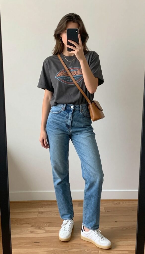 Woman in graphic tee and straight-leg jeans taking a mirror selfie, casual outfit with sneakers and crossbody bag.