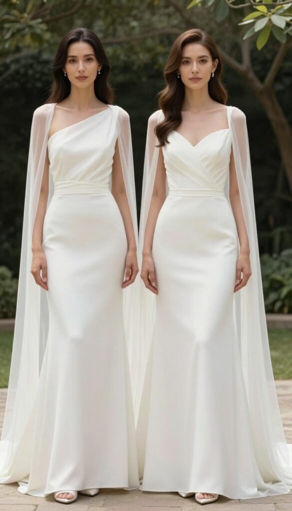 Woman in white A-line one-shoulder wedding dress with detachable sheer cape, standing in sunlit garden, natural smile.