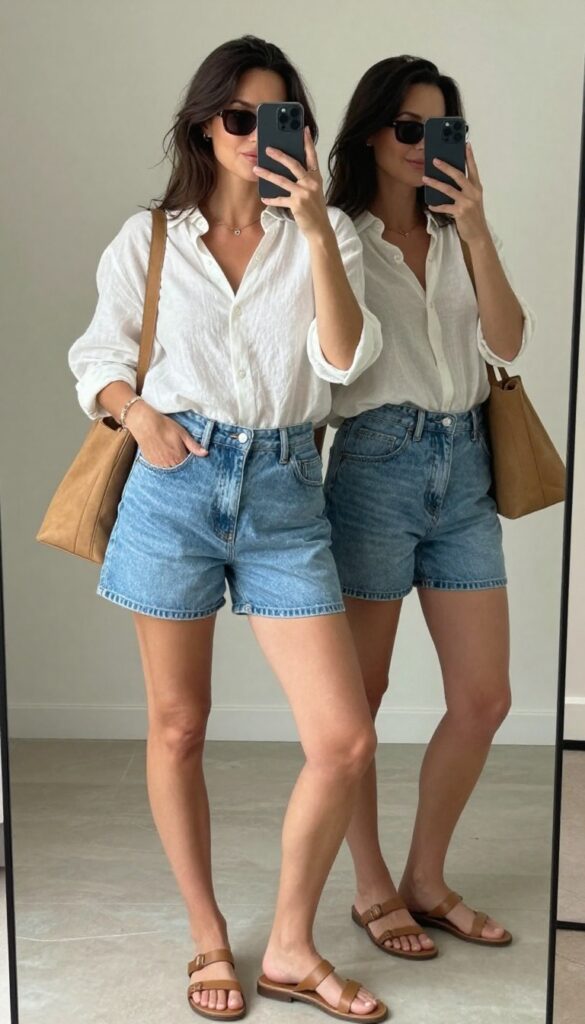 A woman in her 30s takes a mirror selfie wearing mid-length denim shorts and a loose white blouse, with flat sandals and a crossbody bag, in a sunlit room.