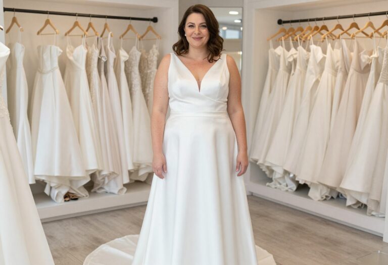 Curvy bride in a clean-fit A-line wedding dress with deep V-neckline, standing in a bright bridal boutique.
