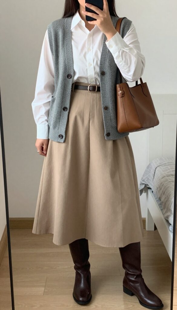 A woman in a sweater vest, white button-down shirt, and pleated midi skirt, standing in a mirror selfie pose, partially covering her face with a phone.