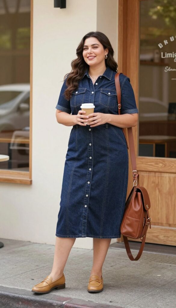 Plus-size woman in denim button-front midi dress with loafers and backpack outside café
