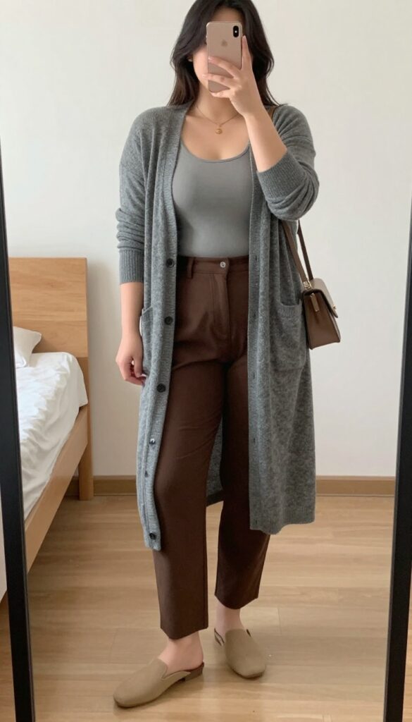 Woman in longline cardigan, tank top, and brown trousers, with crossbody bag and ankle boots, posing in a mirror selfie.