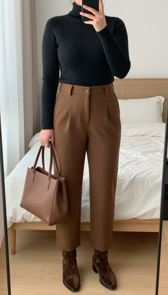 Woman in black turtleneck and brown wide-leg trousers with ankle boots, holding a structured tote.