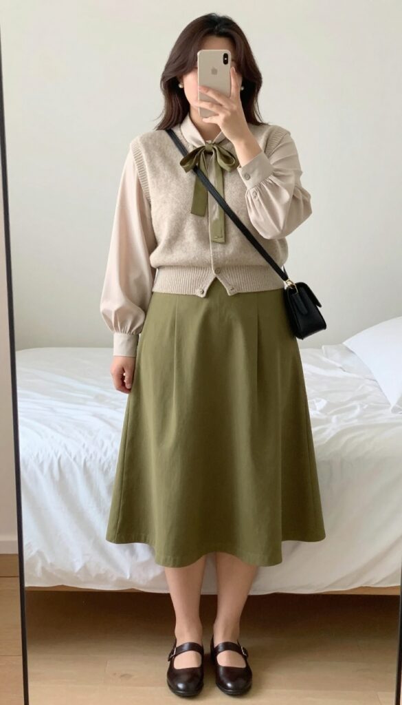 Woman in sweater vest, blouse, and A-line skirt, standing in a travel setting, layered look for business casual.