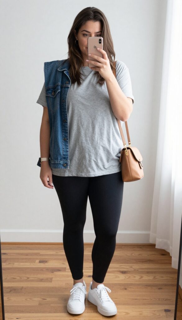 Plus-size woman in relaxed grey t-shirt and black high-waisted leggings, white sneakers, tan crossbody bag, taking a mirror selfie with phone partially covering face.