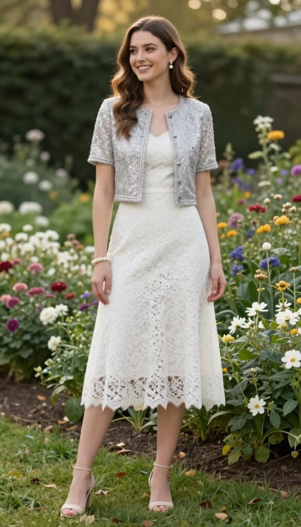 Woman in white tea-length lace dress and silver sparkle jacket with pearl accessories in garden