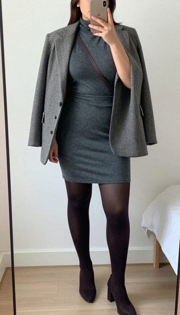 Woman in herringbone blazer and turtleneck A-line dress with tights and booties, mirror selfie in bedroom