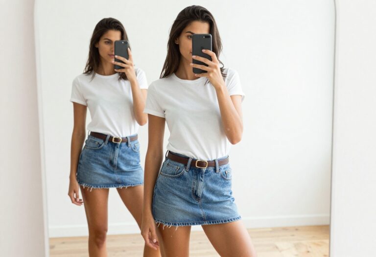 Woman in denim mini skirt and white tee taking a mirror selfie, bright natural light, casual summer outfit.