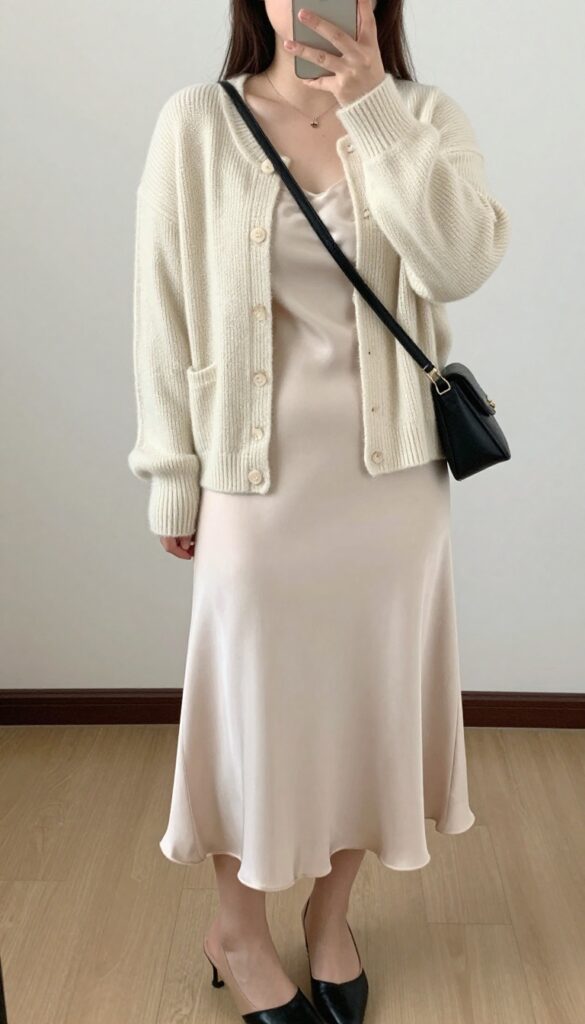 Woman in cream cashmere cardigan and silky slip skirt with heeled mules, standing in a city street setting.