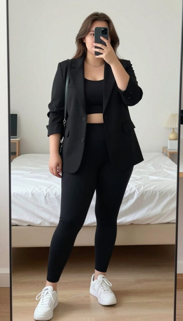 Model in black leggings, graphic tee, and neutral blazer with white sneakers and crossbody bag.