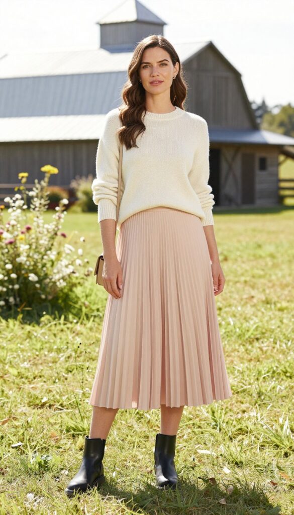 Woman in cream sweater and blush pleated midi skirt with black lug sole boots at a country wedding venue