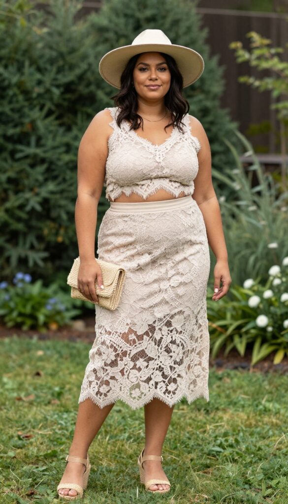 Plus-size woman in beige lace two-piece set with crop top and skirt, wide-brim hat, wedge sandals, at outdoor garden wedding