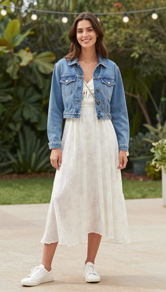 Woman in flowy white floral maxi dress with cropped denim jacket and white sneakers in garden