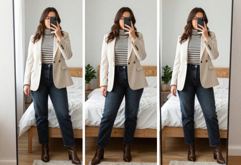 Woman in dark wash jeans, cream blazer, and ankle boots taking a mirror selfie in a bedroom