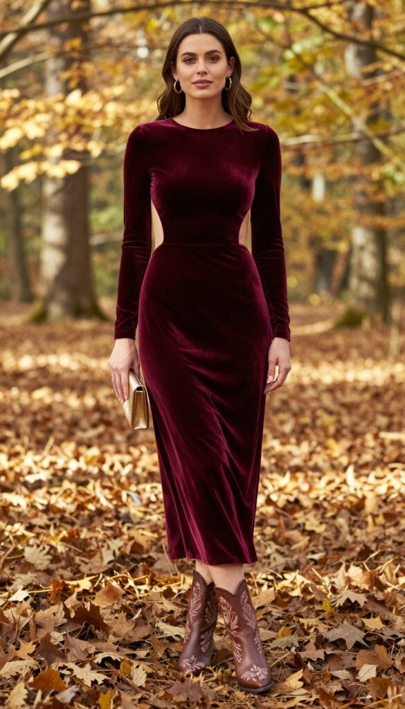 Woman in burgundy velvet open-back dress and embroidered leather boots in autumn forest