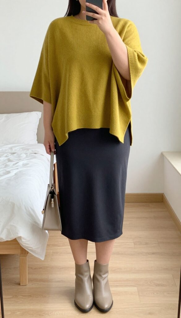 Pregnant woman in a mustard yellow knit poncho and black pencil skirt, standing in a bright office, holding a leather tote.