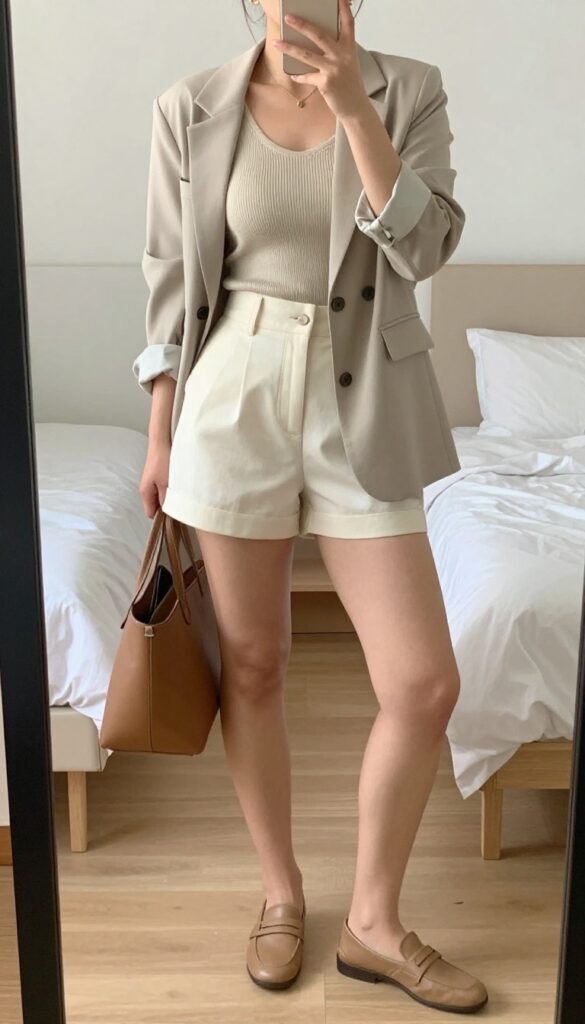 Woman in knit tank, paperbag shorts, and light blazer, posing in mirror selfie with phone partially covering face.