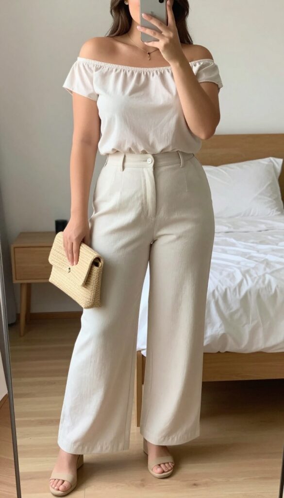 Woman in off-shoulder top and palazzo pants with wedges, holding straw clutch, standing in bright office or outdoor setting.