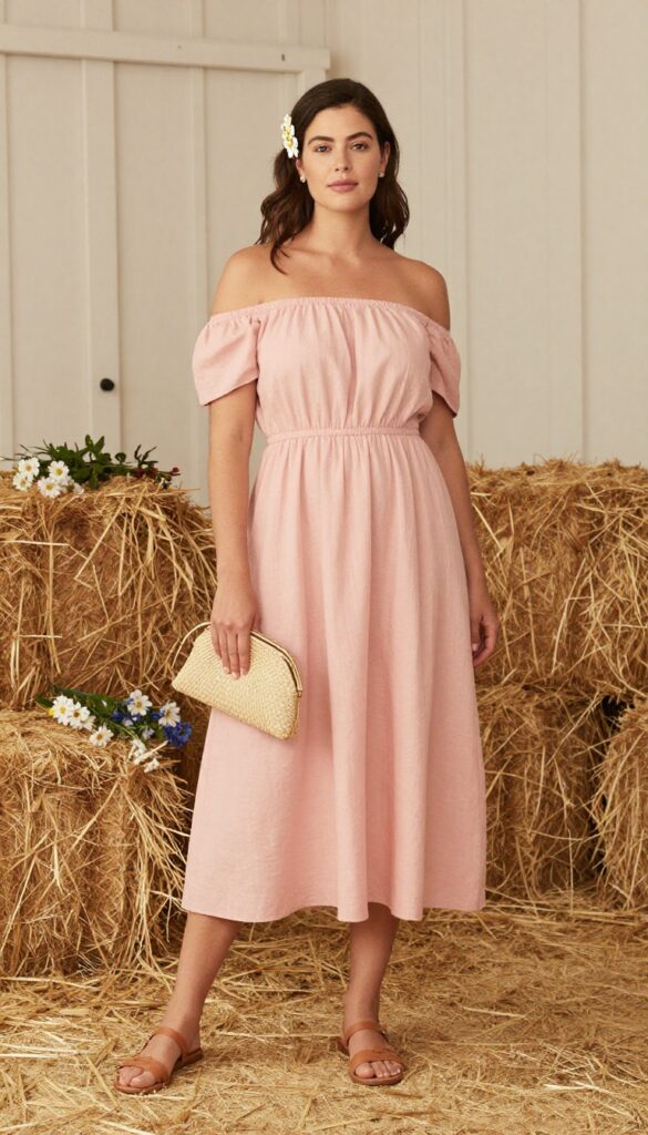 Young woman with shoulder-length brown hair wearing blush pink off-shoulder dress and floral hair clip, standing in barn doorway.