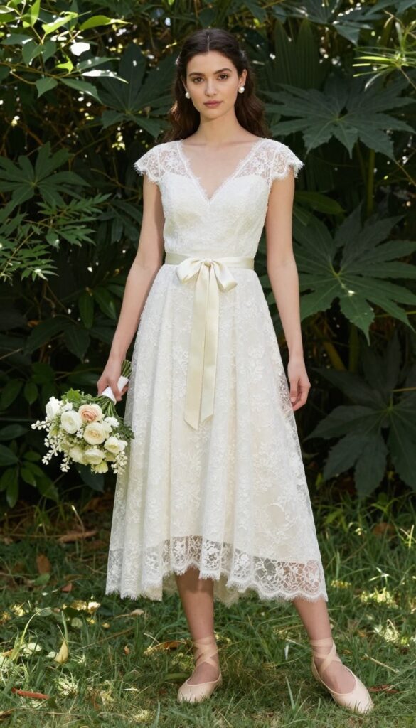 Bride in lace wedding dress with satin ribbon belt and ballet flats in garden
