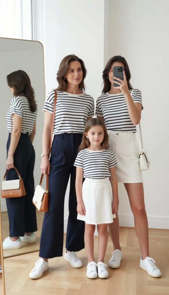 Mother and daughter in matching navy-and-white striped tops with solid bottoms: mother in wide-leg trousers, daughter in mini skirt, both in white sneakers, taking a mirror selfie in a bright room.