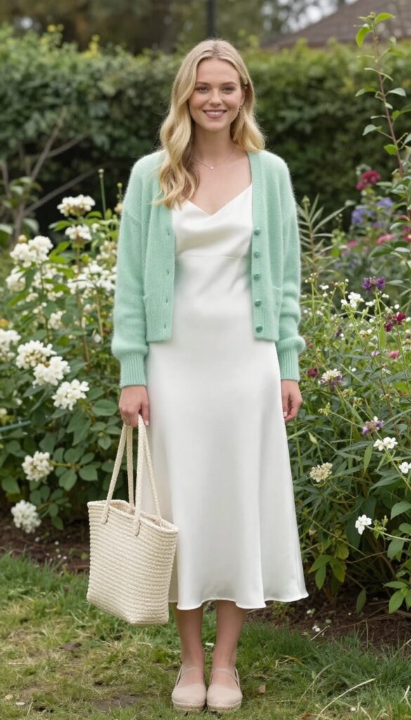 Woman in white satin dress with mint cardigan, nude espadrilles, and woven tote in garden